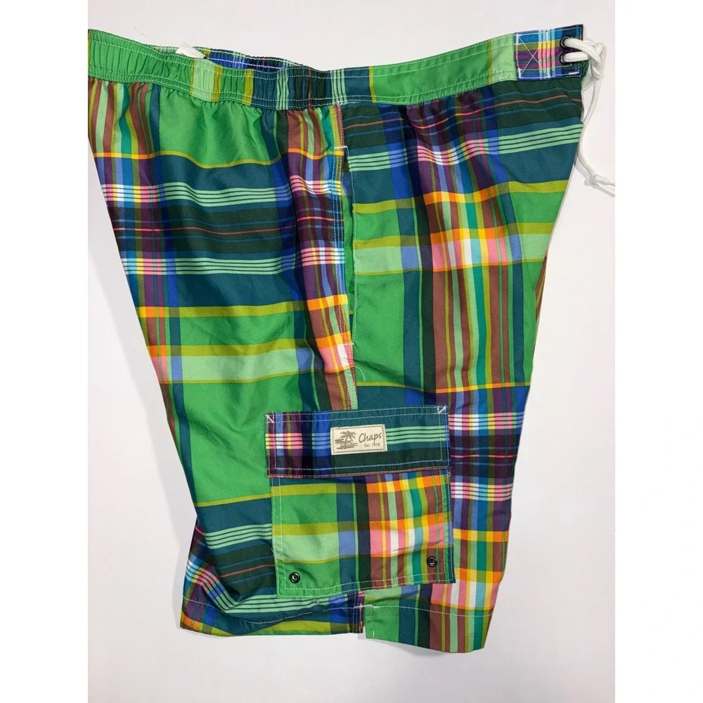 Chaps Mens Plaid‎ Swim Trunks LG Green Multicolor Pocket Drawstring Waist